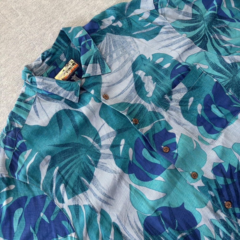Havana Jacks Cafe Mens Large Teal Blue Monstera Leaf Rayon Hawaiian Button Shirt